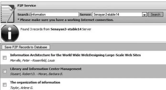 Gambar 4. Fitur copy-cataloging antarserver berbasis Senayan (P2P) yang memanfaatkan web service pada OPAC Senayan
