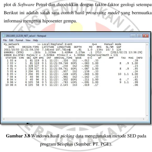 Gambar 3.8 Windows hasil picking data menggunakan metode SED pada  program Seisplus (Sumber: PT