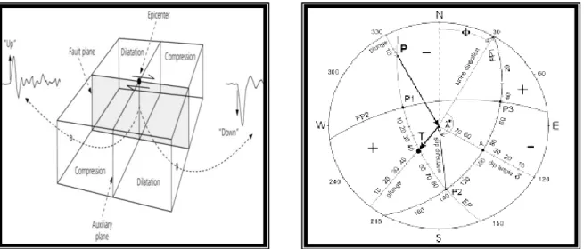 Gambar 3. (a) Hubungan antara polaritas gelombang P dengan arah bidang patahan  (b) Parameter Orientasi Bidang Sesar pada Diagram Bola 