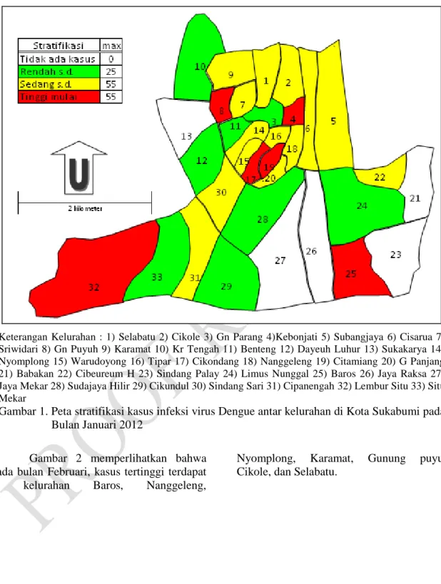 Gambar 1. Peta stratifikasi kasus infeksi virus Dengue antar kelurahan di Kota Sukabumi pada  Bulan Januari 2012 