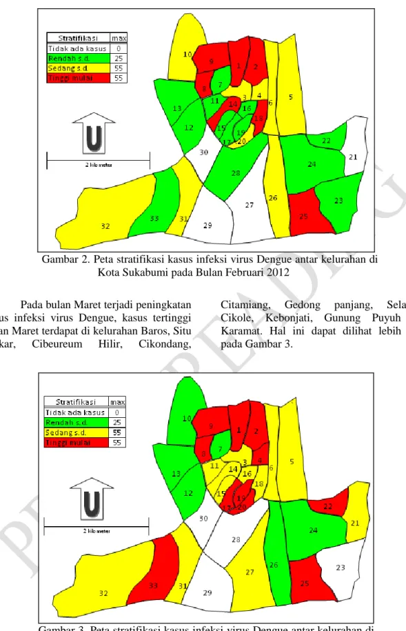 Gambar 2. Peta stratifikasi kasus infeksi virus Dengue antar kelurahan di  Kota Sukabumi pada Bulan Februari 2012 