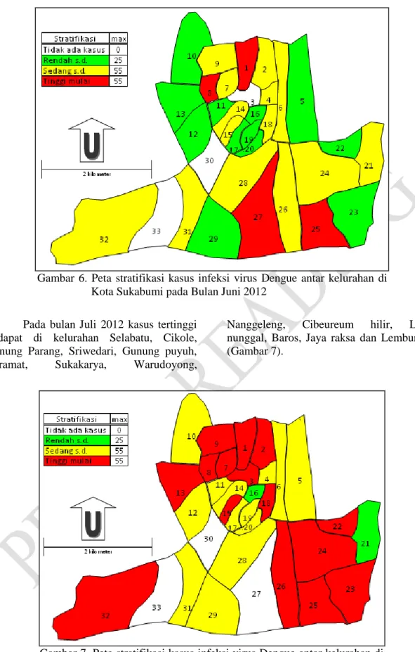 Gambar  6.  Peta  stratifikasi  kasus  infeksi  virus  Dengue  antar  kelurahan  di  Kota Sukabumi pada Bulan Juni 2012 