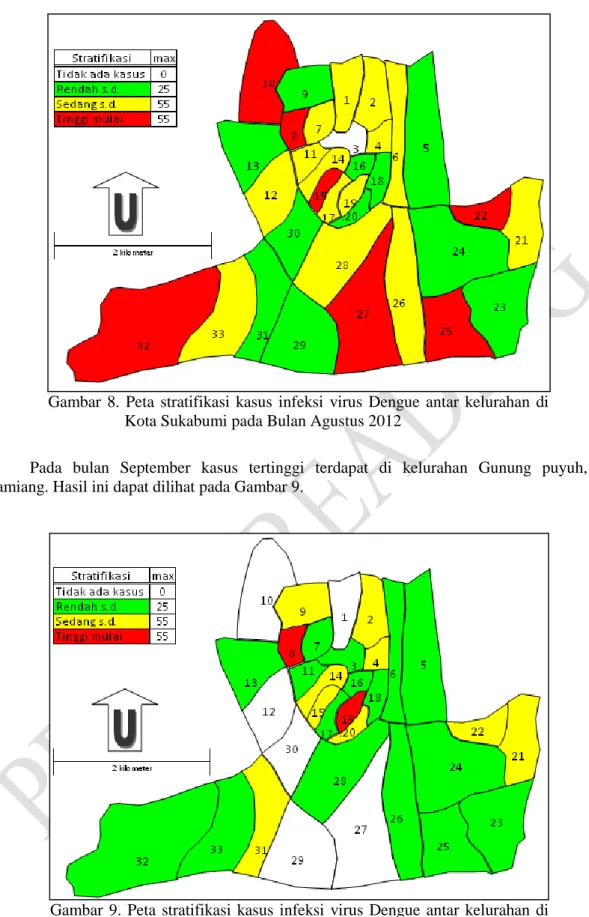 Gambar  8.  Peta  stratifikasi  kasus  infeksi  virus  Dengue  antar  kelurahan  di  Kota Sukabumi pada Bulan Agustus 2012 