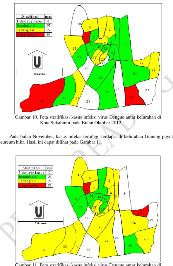 Gambar 10. Peta stratifikasi kasus infeksi virus Dengue antar kelurahan di  Kota Sukabumi pada Bulan Oktober 2012 