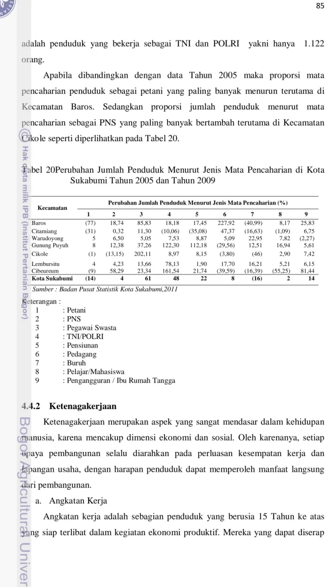 Tabel  20Perubahan Jumlah Penduduk Menurut Jenis Mata Pencaharian di Kota  Sukabumi Tahun 2005 dan Tahun 2009 