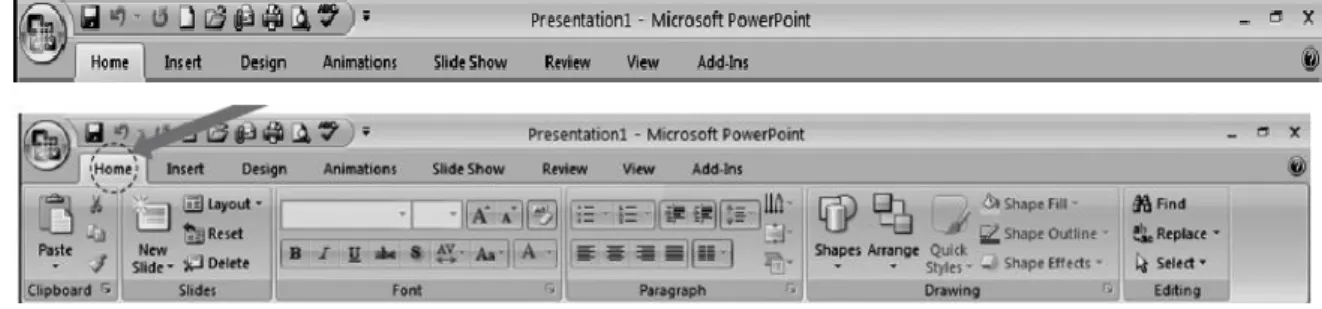 Gambar 6.6, Tombol Ribbon Tabs  Home Ms. Power Point 2007 