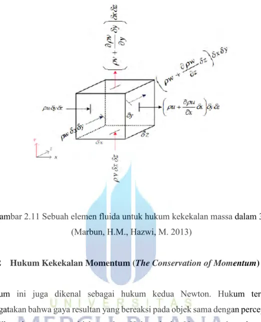 Gambar 2.11 Sebuah elemen fluida untuk hukum kekekalan massa dalam 3D  (Marbun, H.M., Hazwi, M