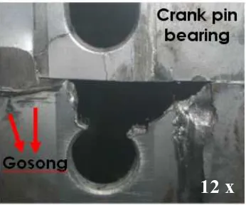 Gambar 3. Foto kondisi visual permukaan luar baut connecting rod cylinder yang patah berupa discoloration (perubahan warna) dan tanda terkena tumbukan 