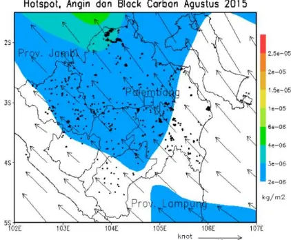 Gambar 1. Sebaran hotspot, black carbon serta arah dan kecepatan angin pada bulan Agustus 2015
