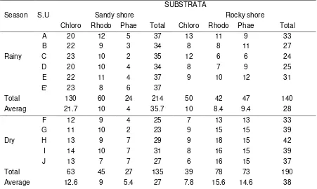 Table 2. The number of seaweed species of three classes per sampling unit based on substrata and seasons 