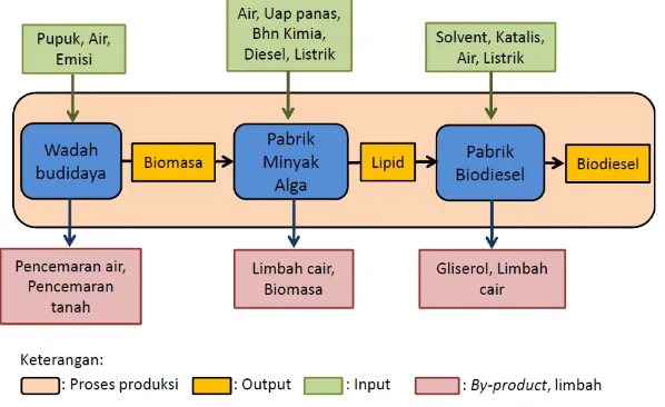 Gambar 1. Inventarisasi input, output dan produk pada proses produksi biodiesel dari biomassa mikroalga 