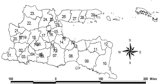Gambar 2.  Peta Administratif Wilayah Kabupaten/Kota di Jawa Timur Keterangan: kode wilayah 38 kabupaten/kota di Jawa Timur: