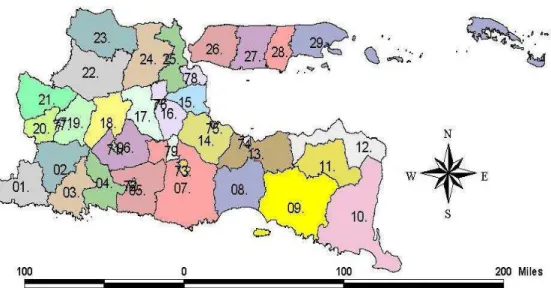 Gambar 2.  Peta Administratif Wilayah Kabupaten/Kota di Jawa Timur 