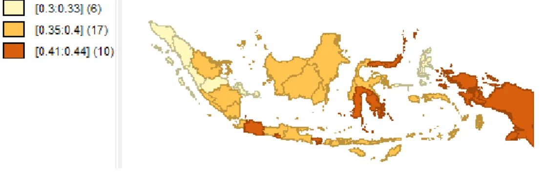 Gambar 3. 2 Peta Persebaran Gini Ratio di Indonesia Tahun 2014         Berdasarkan peta di atas, wilayah Indonesia dibagi menjadi tiga wilayah  dimana  wilayah  1  dan  2  merupakan  wilayah  dengan  tingkat  ketimpangan  distribusi pendapatan yang rendah,