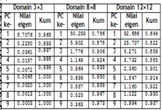 Tabel 2 Nilai Eigen dan Kumulatif Proporsi Metode AKU pada Variabel HUSS domain 3×3,  8×8, dan 12×12 