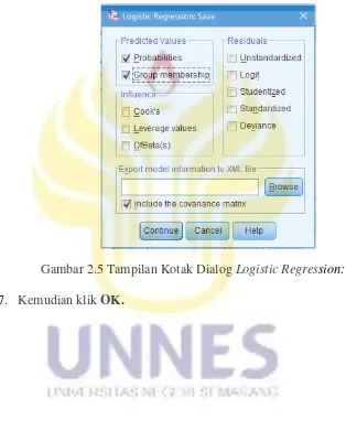 Gambar 2.5 Tampilan Kotak Dialog Logistic Regression: Save 