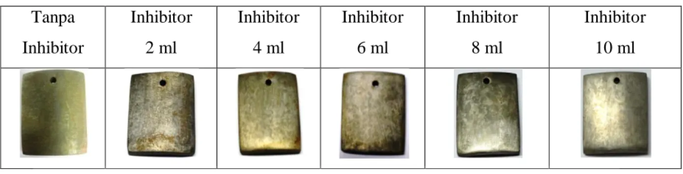 Tabel 4. Sampel Inhibitor Ekstrak Kulit Manggis Setelah Dibersihkan dan Dikeringkan  Tanpa  Inhibitor  Inhibitor  2 ml  Inhibitor  4 ml  Inhibitor  6 ml  Inhibitor  8 ml  Inhibitor  10 ml 