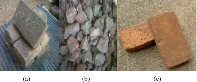 Gambar 2 (a) Batu bata klinker, (b)Pecahan batu bata klinker, (c) Batu bata merah 