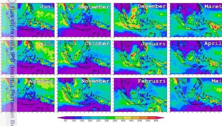 Gambar 4  Klimatologis curah hujan (mm) tahun 1998-2011, Juni-Mei dari kiri 