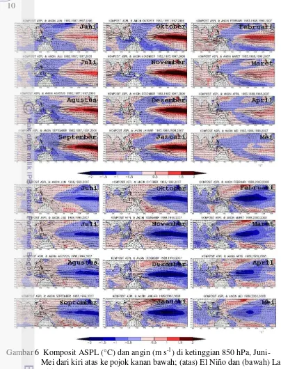 Gambar 6  Komposit ASPL (°C) dan angin (m s-1) di ketinggian 850 hPa, Juni-