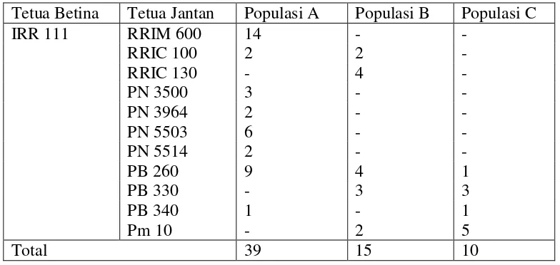 Tabel. 1 Tetua betina dan jantan populasi A, B dan C  