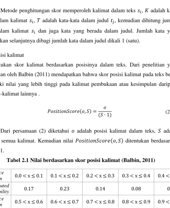 Tabel 2.1 Nilai berdasarkan skor posisi kalimat (Balbin, 2011)  Sentence  position  0.0 < x ≤ 0.1  0.1 < x ≤ 0.2  0.2 < x ≤ 0.3  0.3 < x ≤ 0.4  0.4 < x ≤ 0.5  Distributed  Probability  0.17  0.23  0.14  0.08  0.05  Sentence  position  0.5 &l