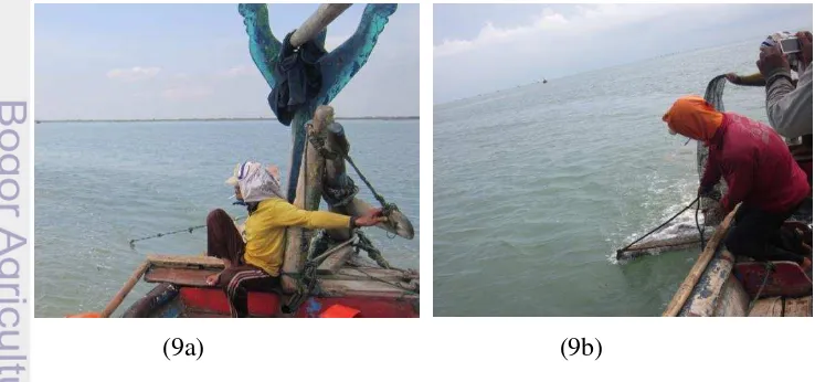 Gambar 8  Posisi nelayan saat melakukan penurunan alat (setting) (8a) dan posisi 