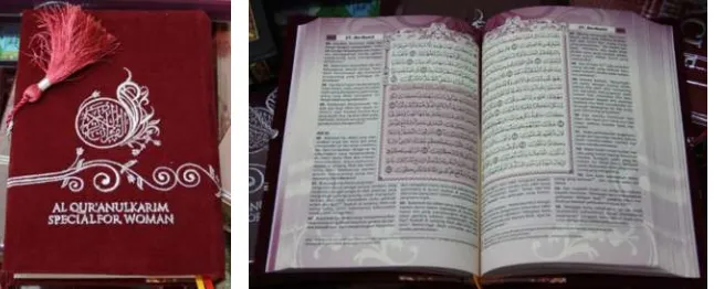 Gambar 9a, 9b. Al-Qur’anulkarim Special for Woman dengan kulit  bordir dan rumbai-rumbai pembatas bacaan (kiri), dan arsir ungu  pada ayat-ayat kewanitaan (kanan)