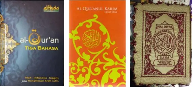 Gambar 10a, 10b, 10c. Ragam model kulit mushaf: Al-Qur’an Tiga Bahasa (kiri)dan Al-Qur’anul Karim Edisi Do’a (tengah) dengan konsep desain kulit mushaf baru, dan kulit mushaf dengan bordir (kanan)