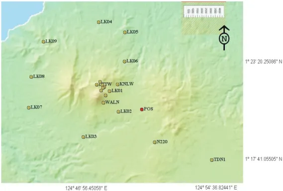 Gambar 3. Sebaran titik ukur deformasi (GPS) Gunung Lokon, Maret 2010. Bulatan merah adalah titik  referensi dan bulatan kuning adalah titik bergerak..