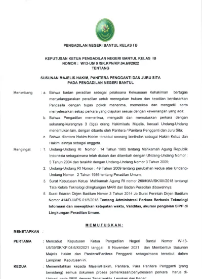 PENGADILAN NEGERI BANTUL KELAS I B KEPUTUSAN KETUA PENGADILAN NEGERI ...