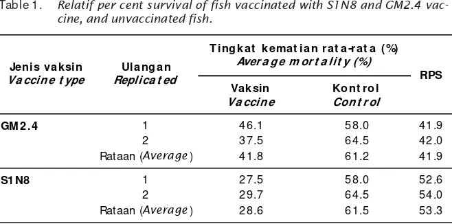 Table 1.Relatif per cent survival of fish vaccinated with S1N8 and GM2.4 vac-cine, and unvaccinated fish.