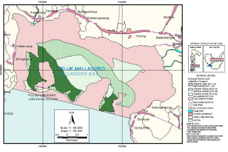 Gambar 6. Peta kelayakan lahan budi daya rumput laut di perairan Teluk Mallasoro