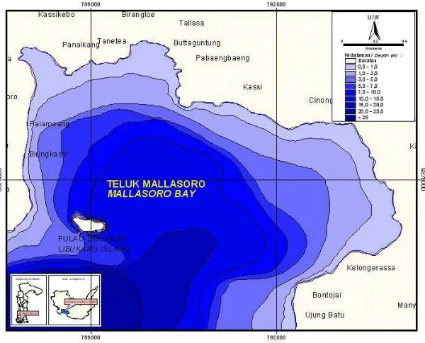 Gambar 3. Peta batimetri (kedalaman) di perairan Teluk MallasoroFigure 3.Map of bathymetry (water depth) in Mallasoro Bay