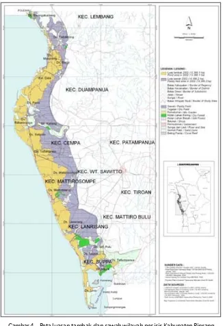 Gambar 4. Peta luasan tambak dan sawah wilayah pesisir Kabupaten Pinrang,Sulawesi Selatan tahun 2002Figure 4.Map of brackishwater pond area and rice field area in the coastalarea of  Pinrang Regency, South Sulawesi in 2002