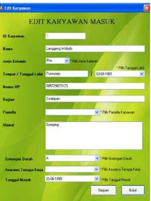 Gambar 5.15 Tampilan Form Edit Data Karyawan Masuk 