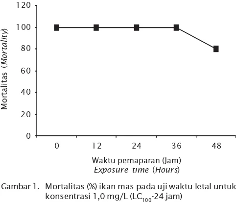 Gambar 1. Mortalitas (%) ikan mas pada uji waktu letal Figure 1.untukkonsentrasi 1,0 mg/L (LC100-24 jam)Mortality (%) of common carp in lethal time ofniclosamide(LC100-24 jam)