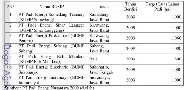 Tabel 4.   Data Nama BUMP, Lokasi Tahun Berdiri dan Target Luas Lahan Padi       yang Dikelola di Indonesia Tahun 2009 – 2011 