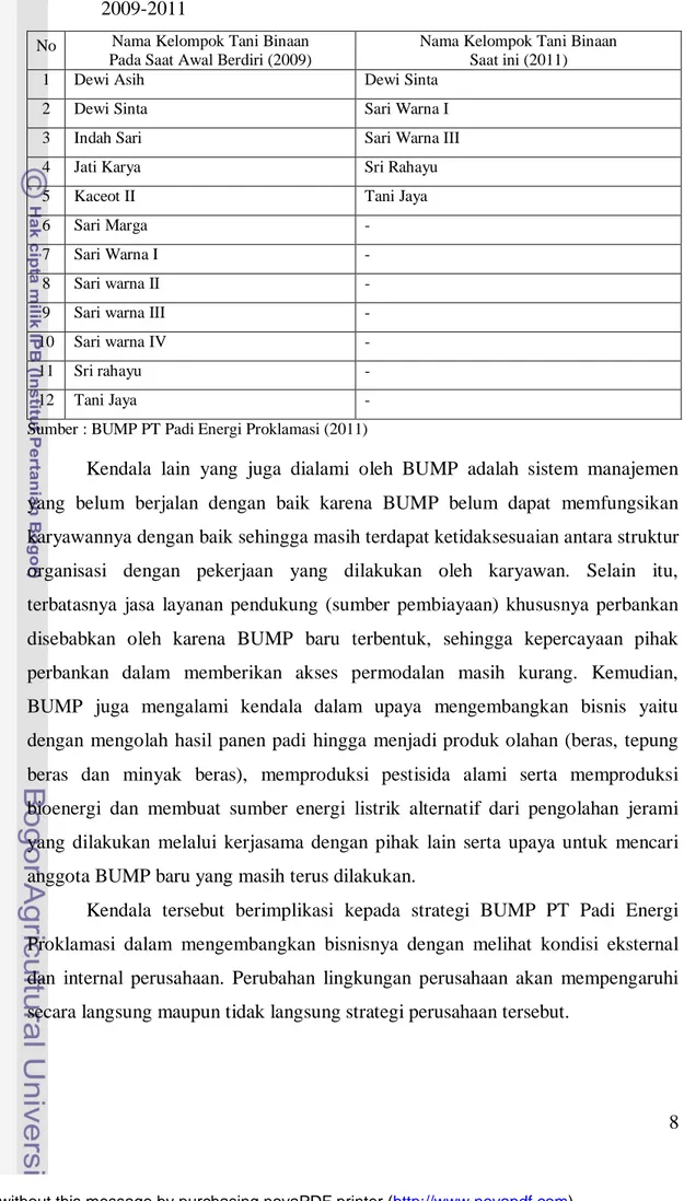 Tabel 7. Nama Kelompok Tani Binaan BUMP PT Padi Energi Proklamasi Tahun     2009-2011 
