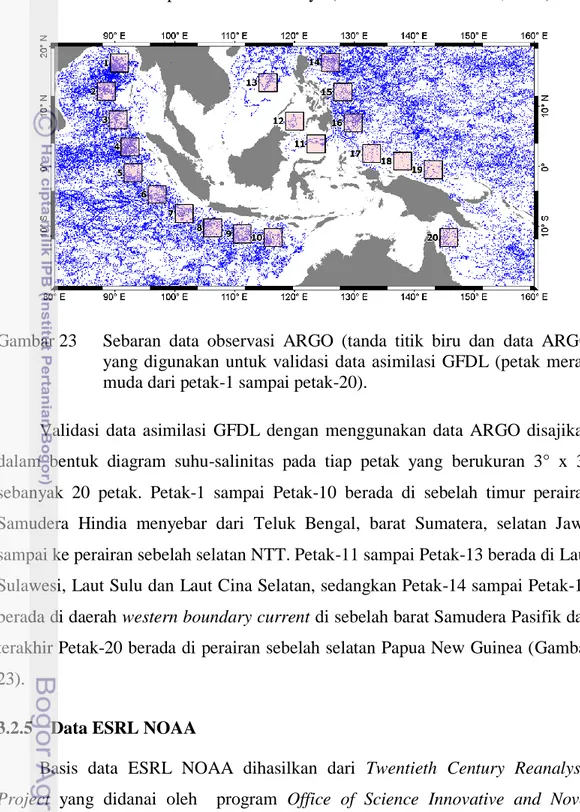 Gambar 23  Sebaran  data  observasi  ARGO  (tanda  titik  biru  dan  data  ARGO  yang  digunakan  untuk  validasi  data  asimilasi  GFDL  (petak  merah  muda dari petak-1 sampai petak-20)