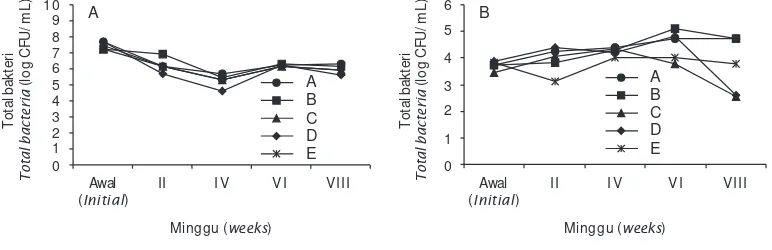 Figure 4.Remark):Gambar 4. Total bakteri (A) dan total Keterangan (A=  Isolat BM12, B=  Isolat BM31, C=  Isolat BM58, D=  Isolat BL542, E=  Kontrol (tanpa probiotik)Vibrio sp