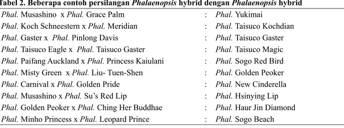 Tabel 2. Beberapa contoh persilangan Phalaenopsis hybrid dengan Phalaenopsis hybrid 