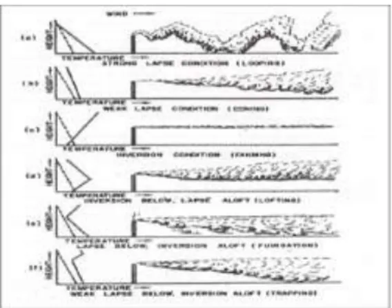 Gambar  1  Stabilitas  atmosfer  berdasarkan  pola  kepulan  asap  dari  cerobong  (Sumber : Geiger 1995)  