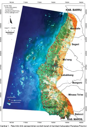 Gambar 1. Peta titik-titik pengambilan contoh tanah di tambak Kabupaten Pangkep Provinsi