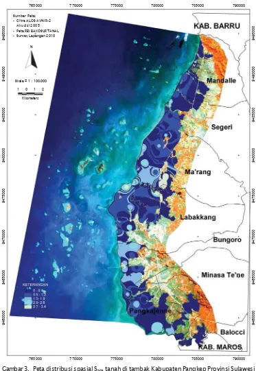 Gambar 3. Peta distribusi spasial SPOS tanah di tambak Kabupaten Pangkep Provinsi SulawesiSelatan