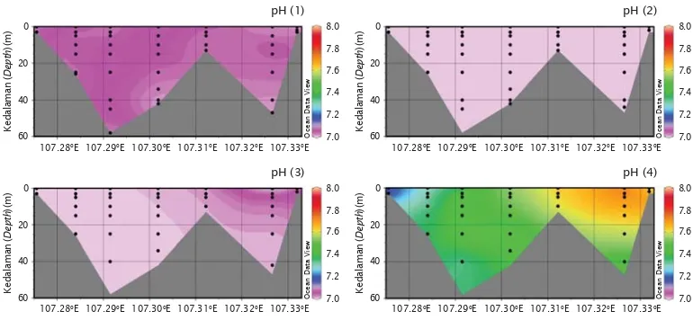 Gambar 8. Profil pH perairan secara membujur (stasiun 1, 2, 3, 4, 5, 6, dan 9) untuk waktupengamatan yang berbeda: (1) 2 Mei, (2) 10 Juni, (3) 29 Juli, dan (4) 20 Agustus 2011Figure 8.pH profile along the longitude (station 1, 2, 3, 4, 5, 6, and 9) for different timeobservation: (1) 2 May, (2) 10 June, (3) 29 July, and (4) 20 August 2011