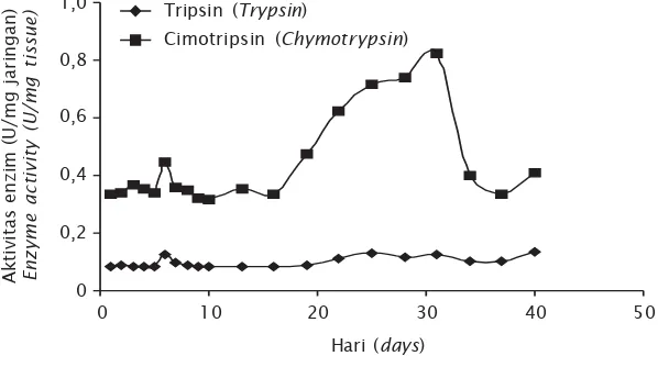 Gambar 6. Grafik kombinasi aktivitas enzim tripsin dan cimotripsin selamapemeliharaan larva kerapu bebekFigure 6.Combination of trypsin and chymotrypsin enzyme activityduring rearing of humpback grouper larvae