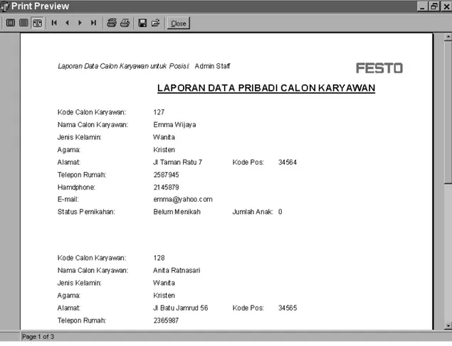 Gambar L1.15 Layar Laporan Data Pribadi Calon Karyawan 