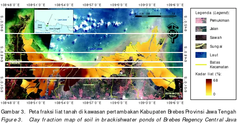 Gambar 3. Peta fraksi liat tanah di kawasan pertambakan Kabupaten Brebes Provinsi Jawa Tengah