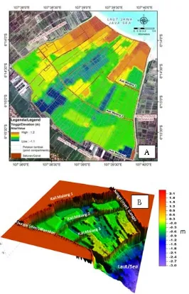 Gambar 3. Peta elevasi dasar tambak dengan referensi MSL-lokal(A = 2-D Figure 3.view dan B = 3-D view)Map of pond bed elevation with reference to locally calcu-lated MSL (A = 2-D view and B = 3-D view)